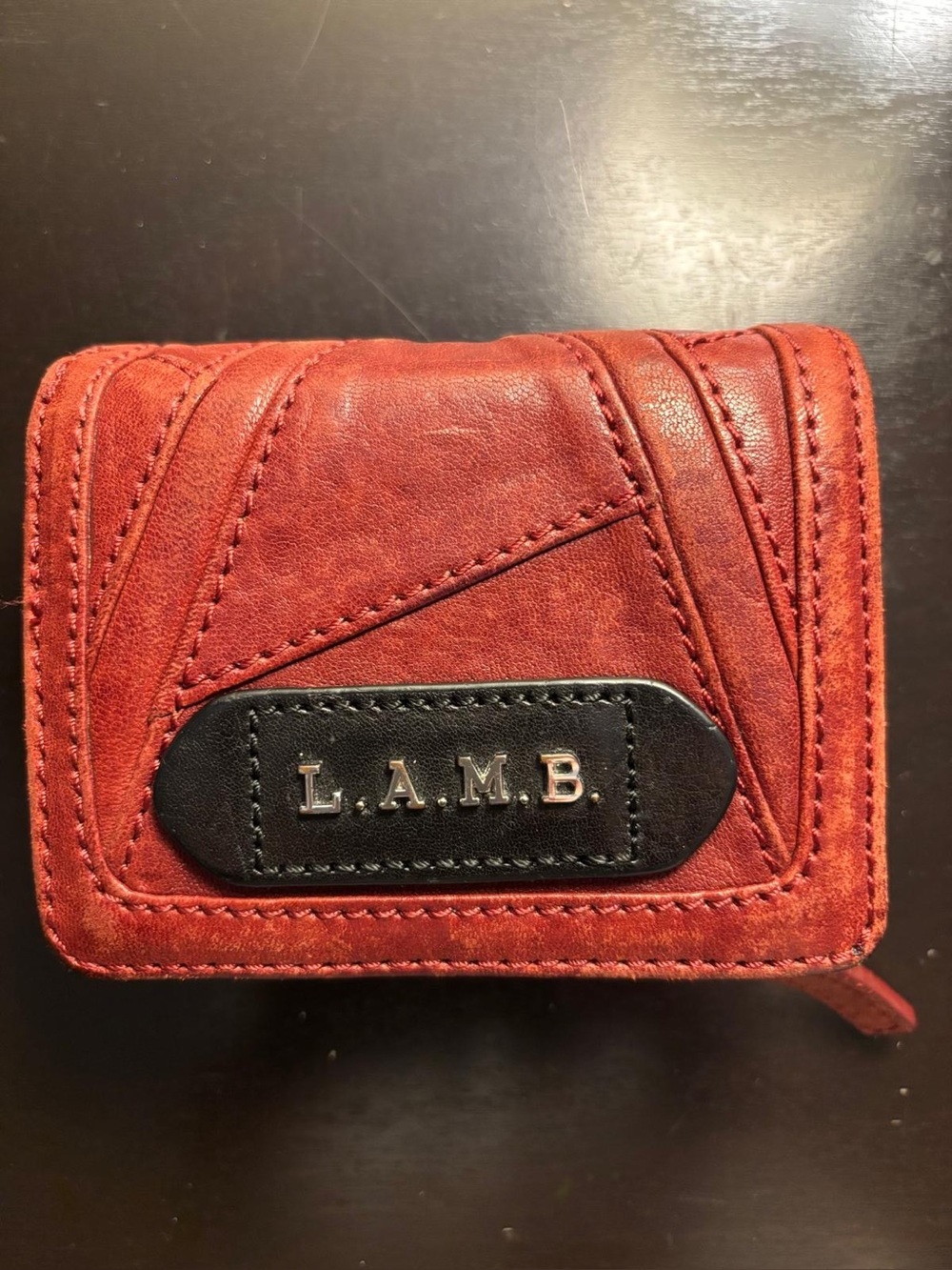 L.A.M.B. Rich Orange Leather Stitched Compact Wallet Coin Slot